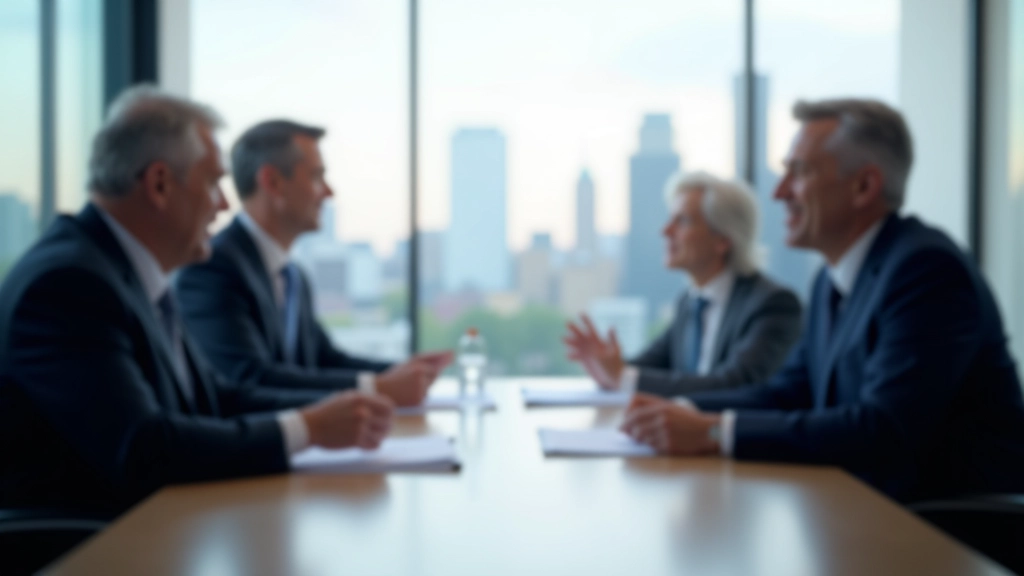 Négociateurs en costume autour d'une table de conférence, échangeant des documents officiels