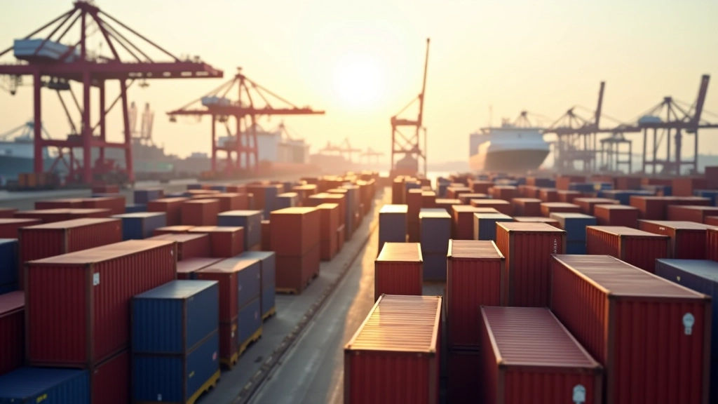 Conteneurs de marchandises au port avec grues de chargement et navires