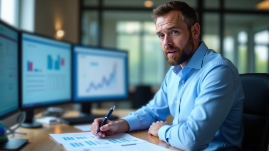 Économiste examinant des graphiques de balance commerciale à un bureau moderne, données numériques visibles à l'écran