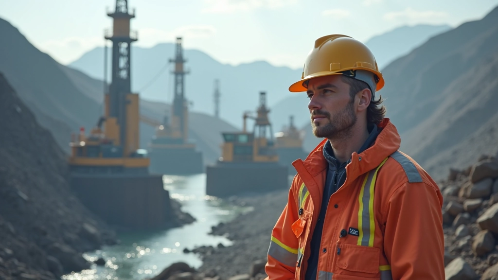 Installation industrielle d'extraction et de transformation de minerais avec équipements modernes et travailleurs en tenue de sécurité