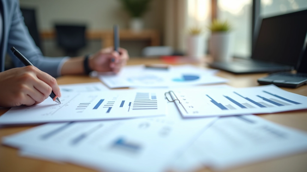 Espace de travail avec données statistiques, graphiques commerciaux et rapports d'analyse sur bureau moderne, éclairage naturel